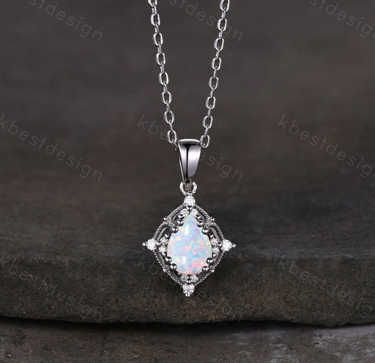 1.5CT White Fire Opal Necklace, Silver Pear cut Opal Pendant, October Birthstone Jewelry, Unique Opal Moissanite Pendant, Gift for Her