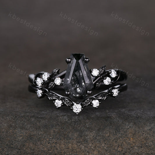 Gothic Black Gold Black Rutilated Quartz Engagement Ring Art Deco Branch Design Leaf Wedding Ring Coffin cut Ring Unique Moissanite Ring Set