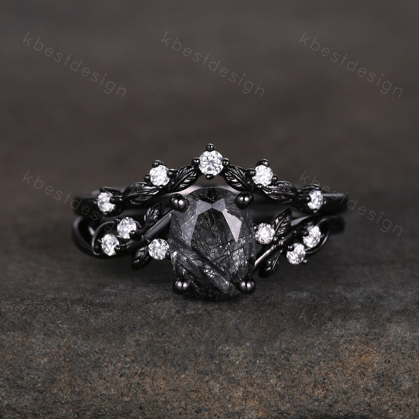 Vintage Oval Black Rutilated Quartz Engagement Ring Set,Black Gold,Branch Leaf Stacking Band,Women Bridal Set,Unique Twig Moissanite Rings