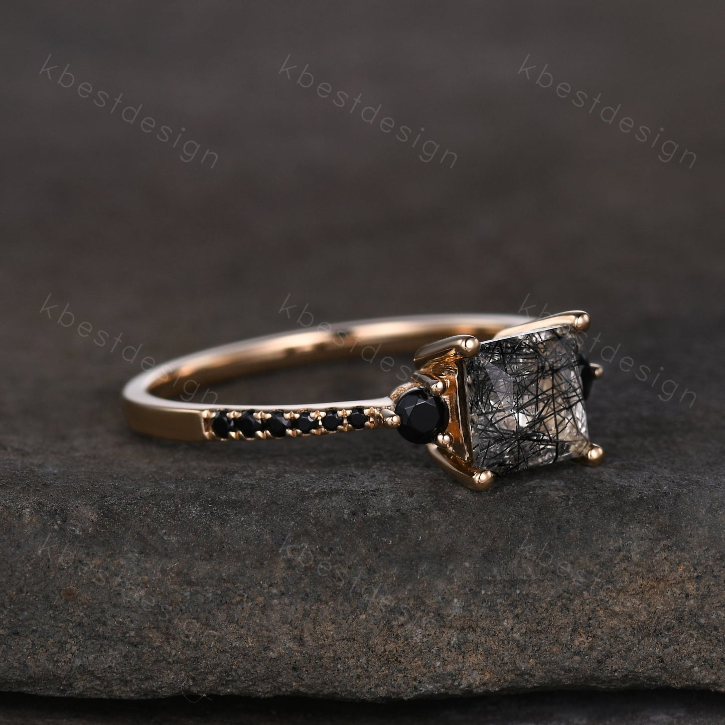 Princess Cut Natural Black Rutilated Quartz Engagement Ring Unique Black Spinel Ring Solid 14K Yellow Ring Three stone ring Promise Ring