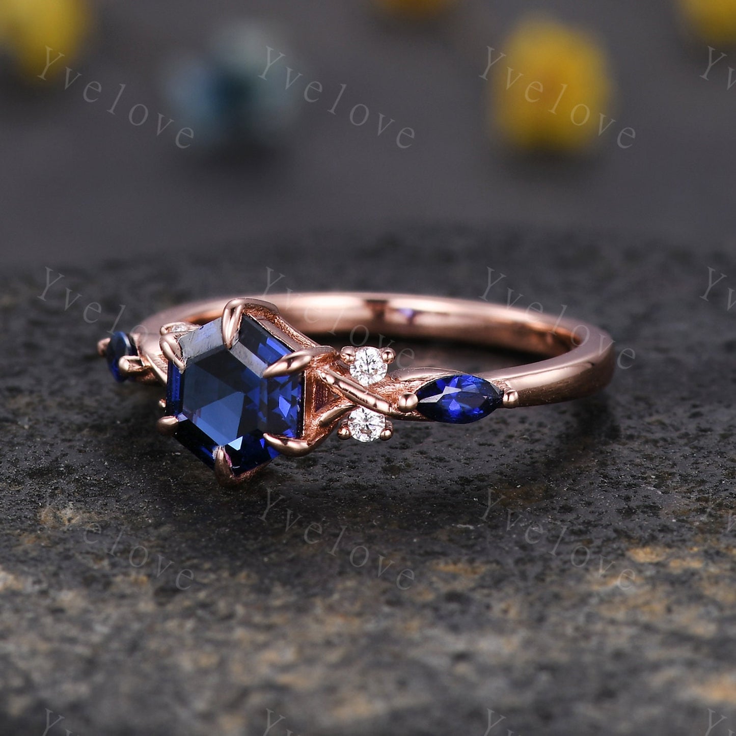 Vintage sapphire engagement ring hexagon sapphire wedding ring rose gold band unique personalized ring art deco bridal ring anniversary gift