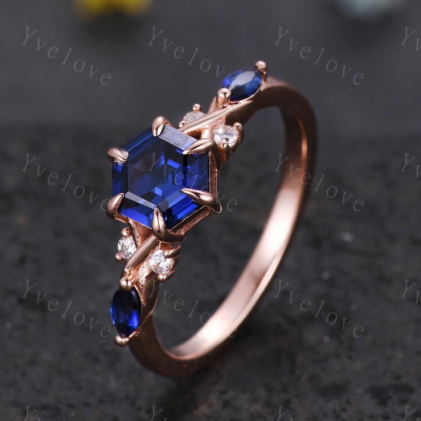 Vintage sapphire engagement ring hexagon sapphire wedding ring rose gold band unique personalized ring art deco bridal ring anniversary gift