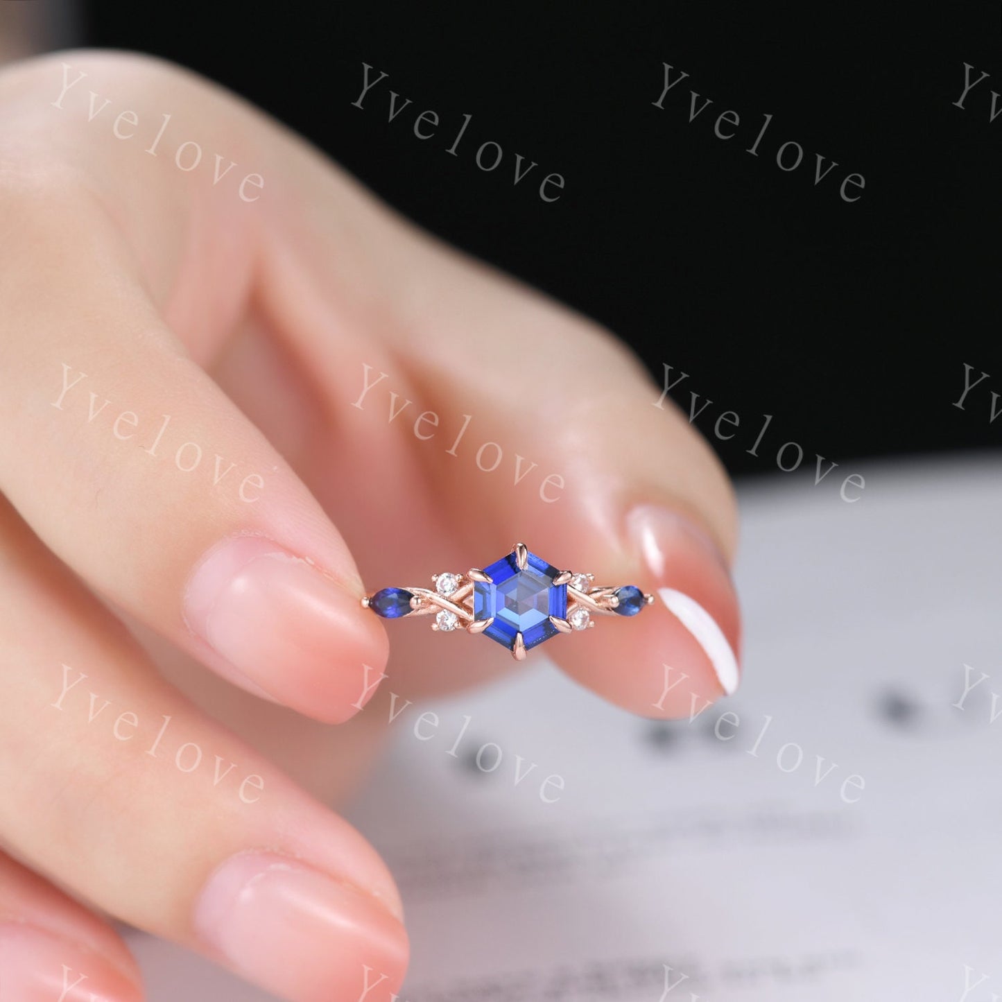 Vintage sapphire engagement ring hexagon sapphire wedding ring rose gold band unique personalized ring art deco bridal ring anniversary gift