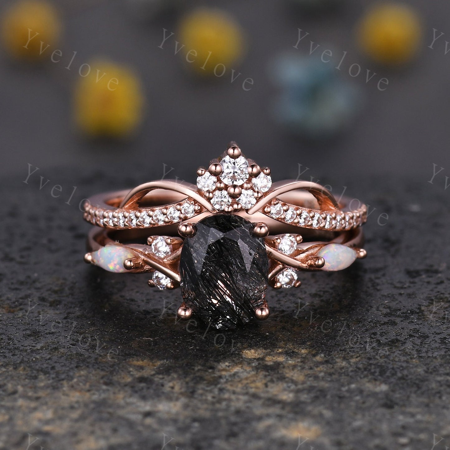 Vintage oval black rutilated quartz engagement ring marquise opal diamond unique floral bridal set art deco anniversary gift personalized