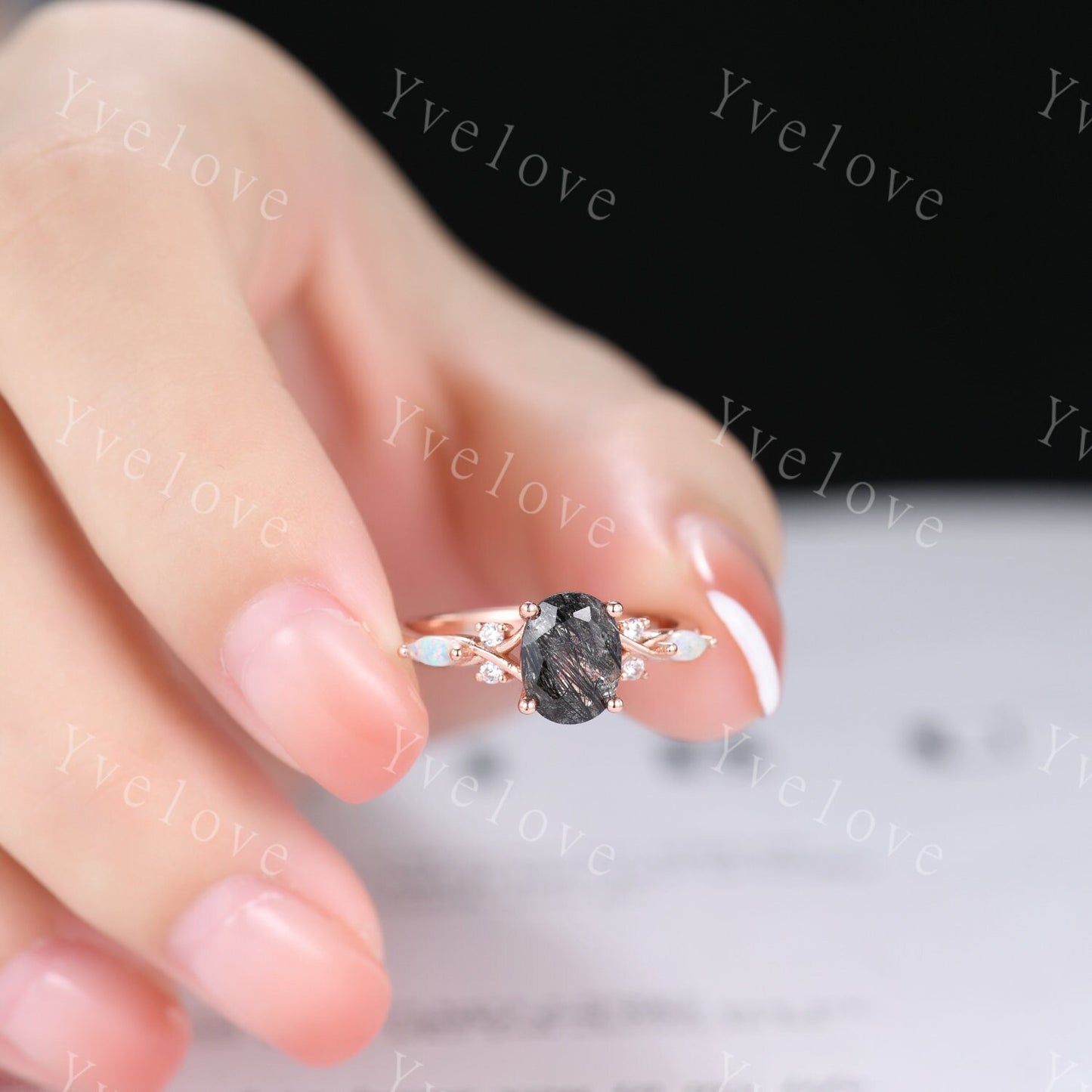 Vintage oval black rutilated quartz engagement ring marquise opal diamond unique floral bridal set art deco anniversary gift personalized