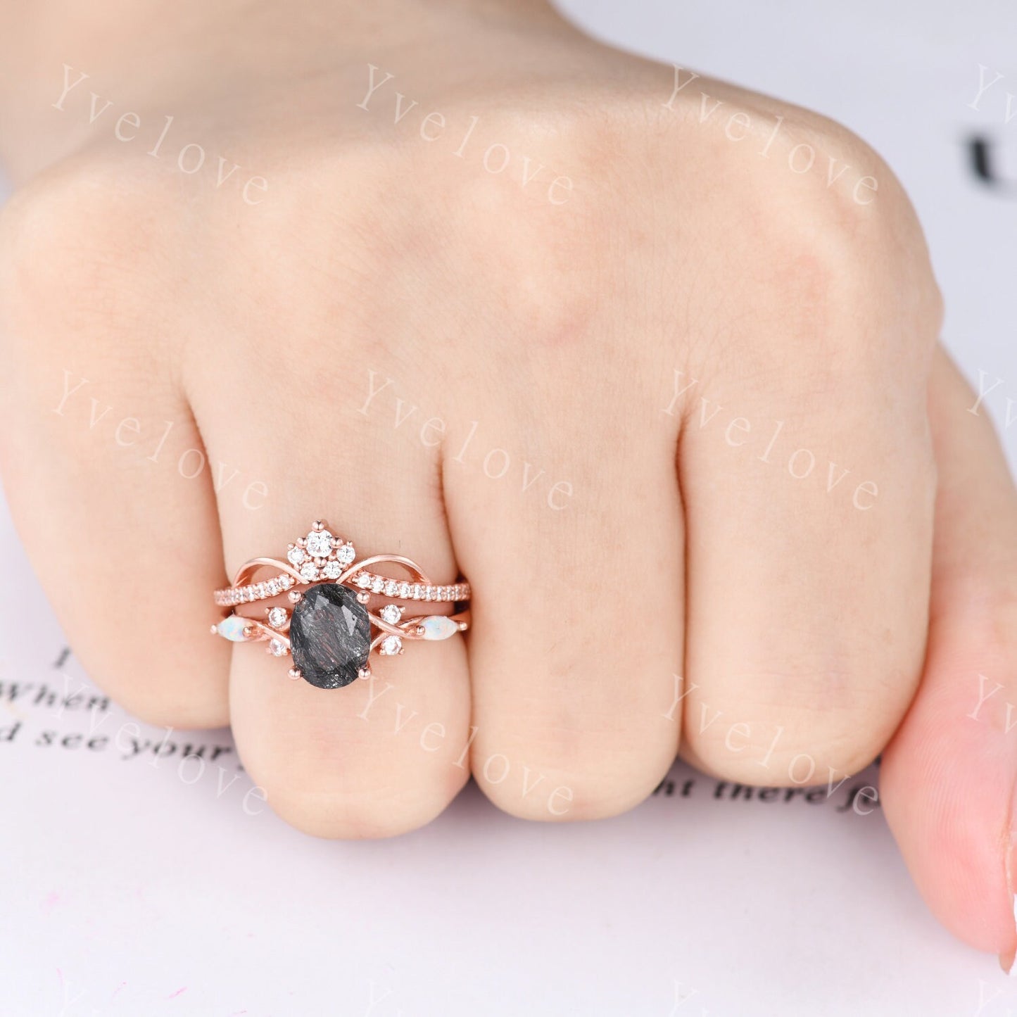 Vintage oval black rutilated quartz engagement ring marquise opal diamond unique floral bridal set art deco anniversary gift personalized