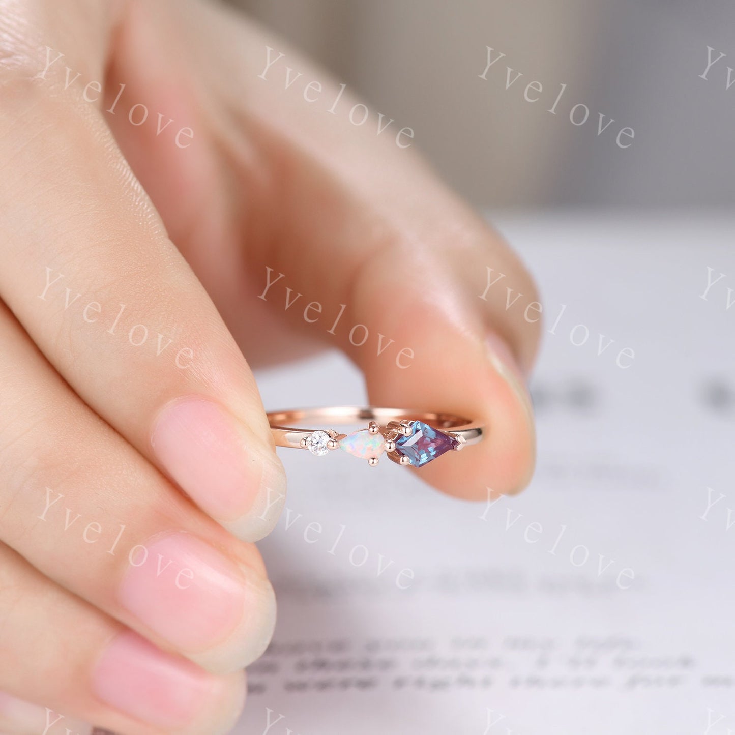 Unique Alexandrite Opal Engagement Ring,Kite Cut Gems,Art Deco Moissanite Wedding Band,3 Stone Unique Women Bridal Promise Ring,Customized