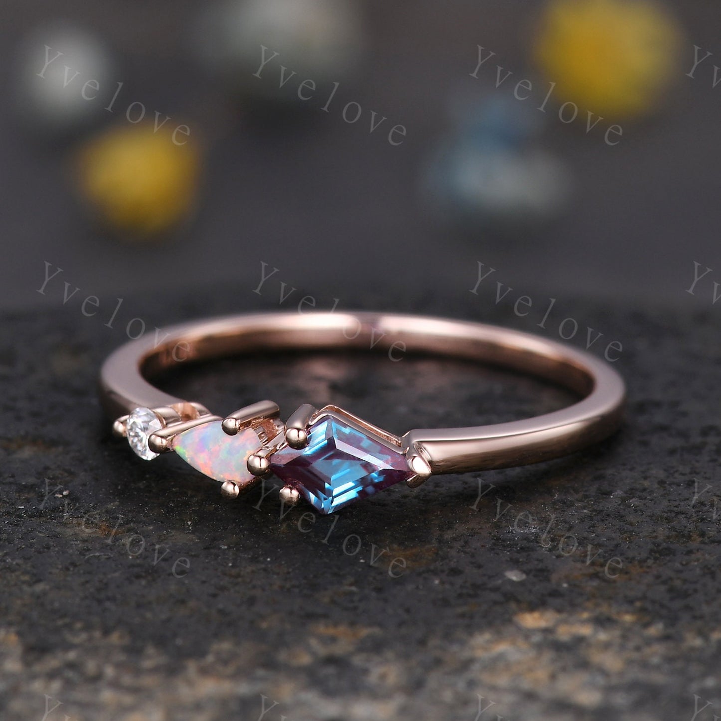 Unique Alexandrite Opal Engagement Ring,Kite Cut Gems,Art Deco Moissanite Wedding Band,3 Stone Unique Women Bridal Promise Ring,Customized
