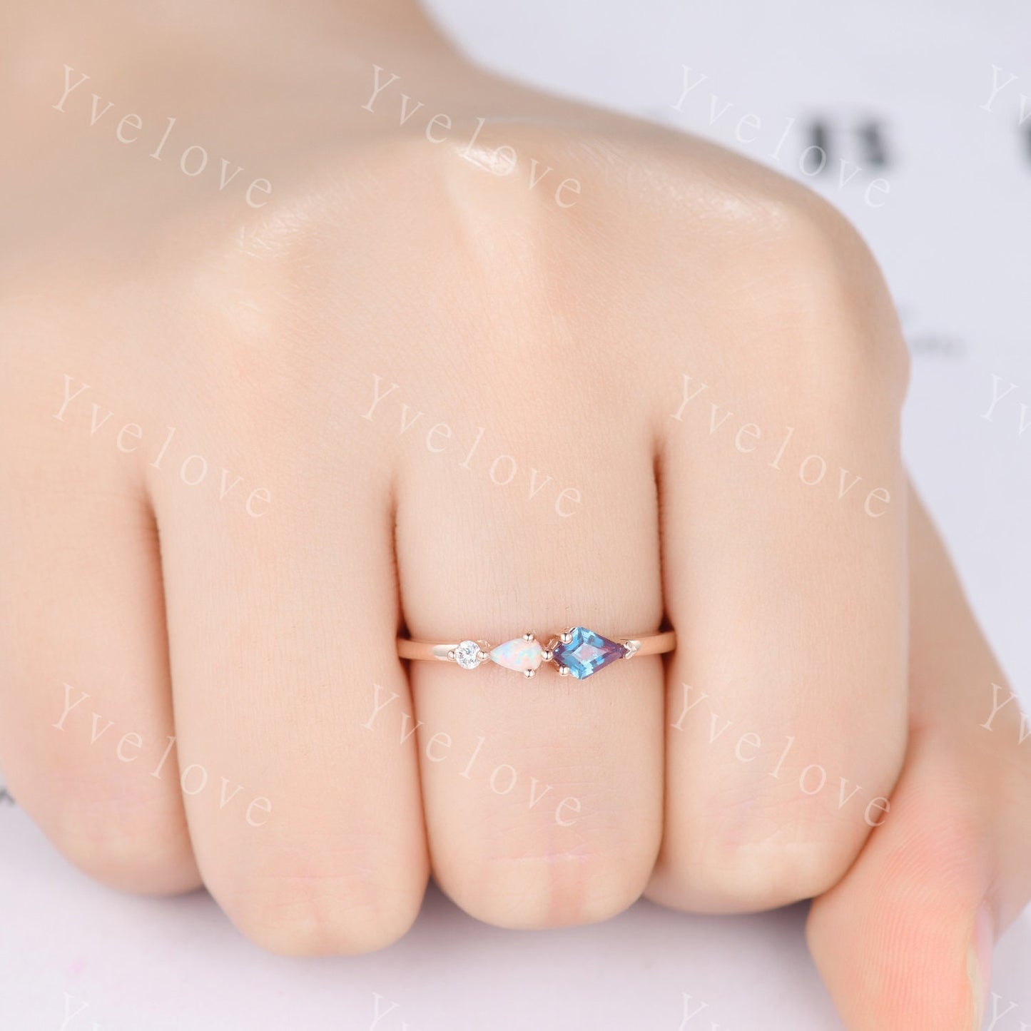 Unique Alexandrite Opal Engagement Ring,Kite Cut Gems,Art Deco Moissanite Wedding Band,3 Stone Unique Women Bridal Promise Ring,Customized