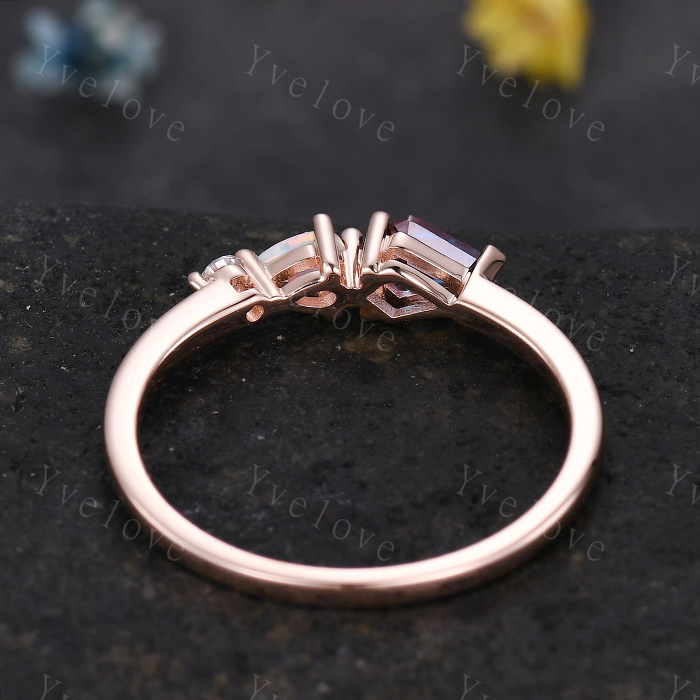 Unique Alexandrite Opal Engagement Ring,Kite Cut Gems,Art Deco Moissanite Wedding Band,3 Stone Unique Women Bridal Promise Ring,Customized