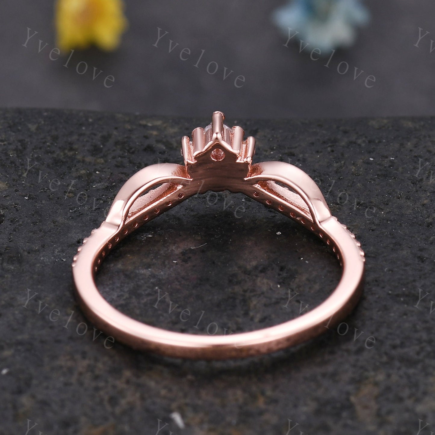 Minimalist diamond wedding ring,Art deco Floral personalized ring,Women anniversary gift ring V curved moissanite stacking matching band