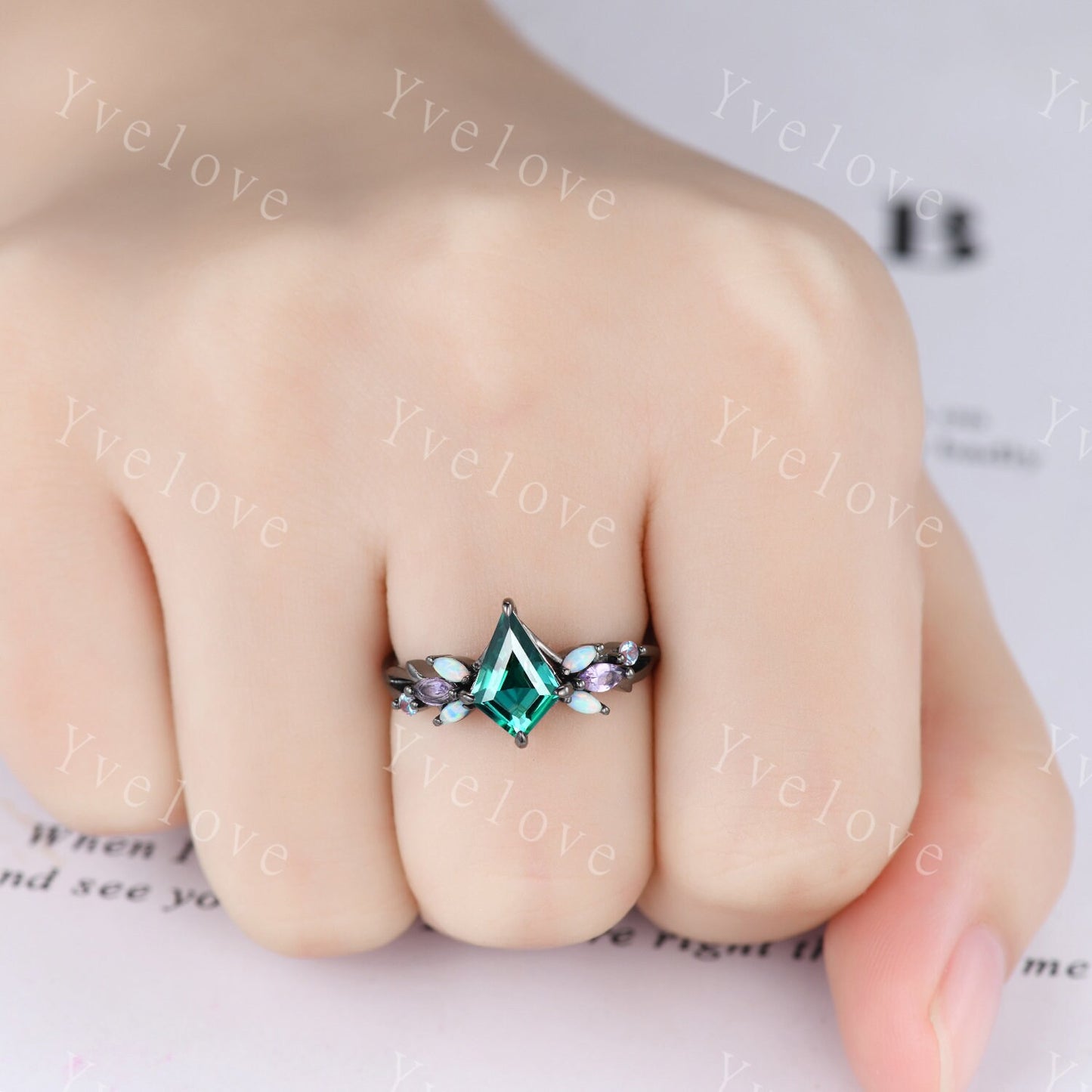 Vintage Kite Emerald Engagement Ring Set,Black Gold,Vines Amethyst Opal Ring,Women Bridal Set,Unique Twig Anniversary Promise Ring Gift