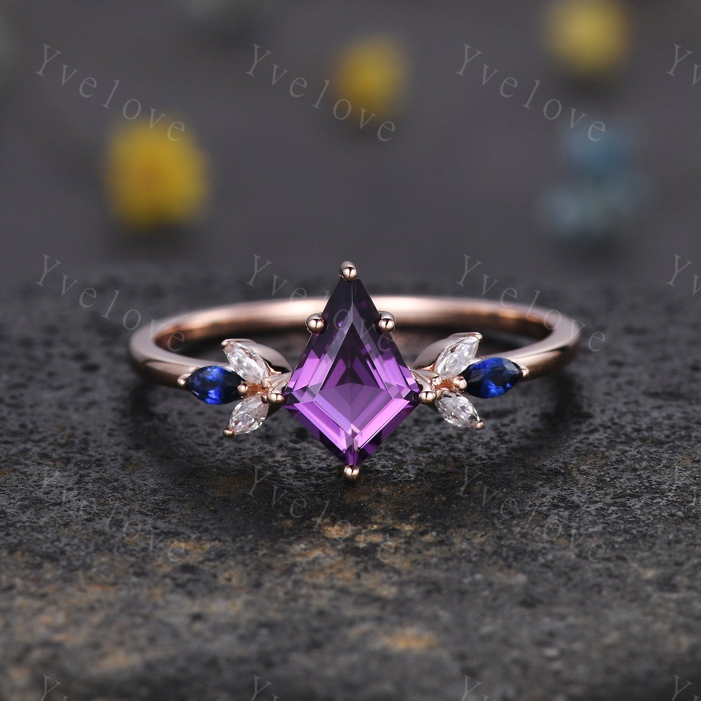 Vintage Kite Shaped Amethyst Engagement Ring Rose Gold Women Unique Moissanite Blue Sapphire Gem Matching Band Promise Bridal Stacking Ring