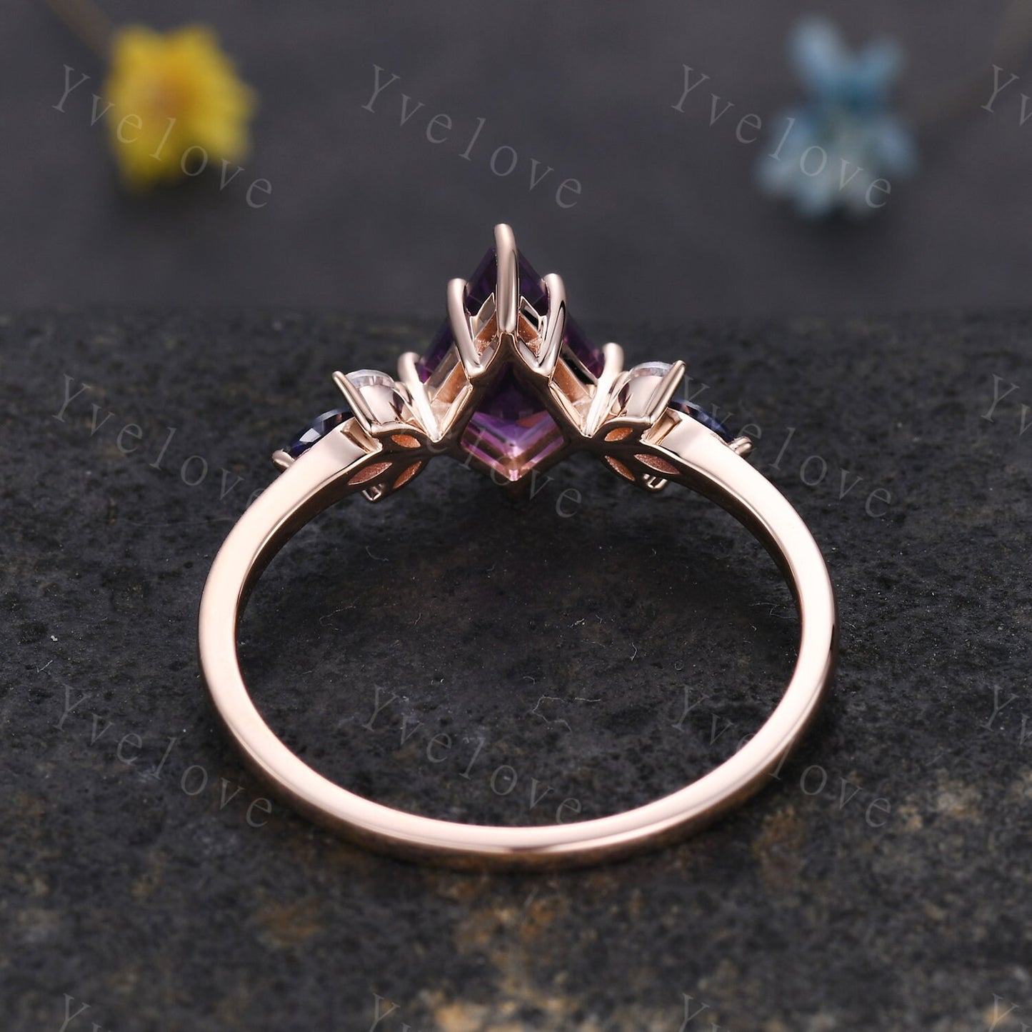 Vintage Kite Shaped Amethyst Engagement Ring Rose Gold Women Unique Moissanite Blue Sapphire Gem Matching Band Promise Bridal Stacking Ring