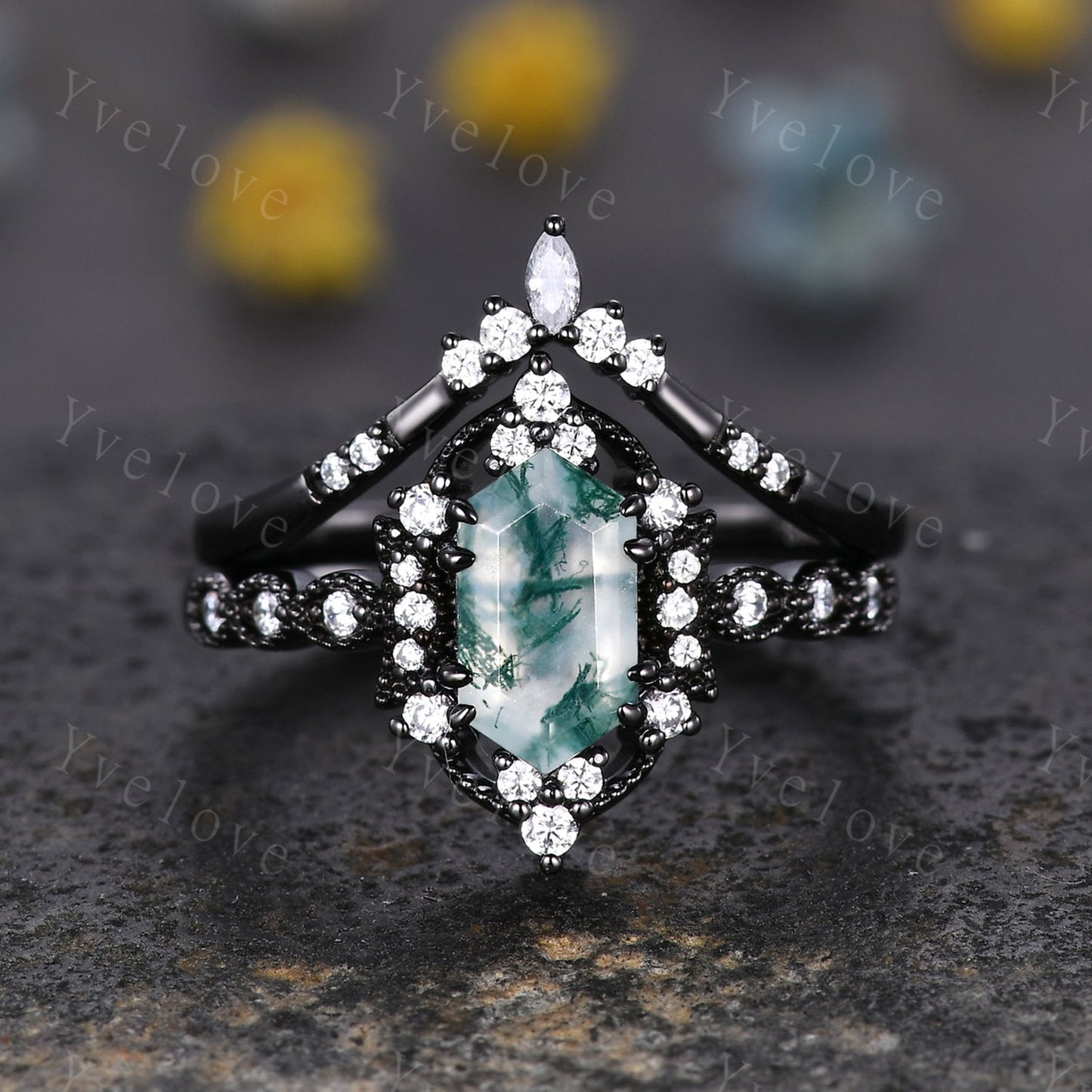 Retro Hexagon Shaped Moss Agate Engagement Ring Black Silver Antique Moissanite Stacking Matching Wedding Band Promise Ring Gift For Women