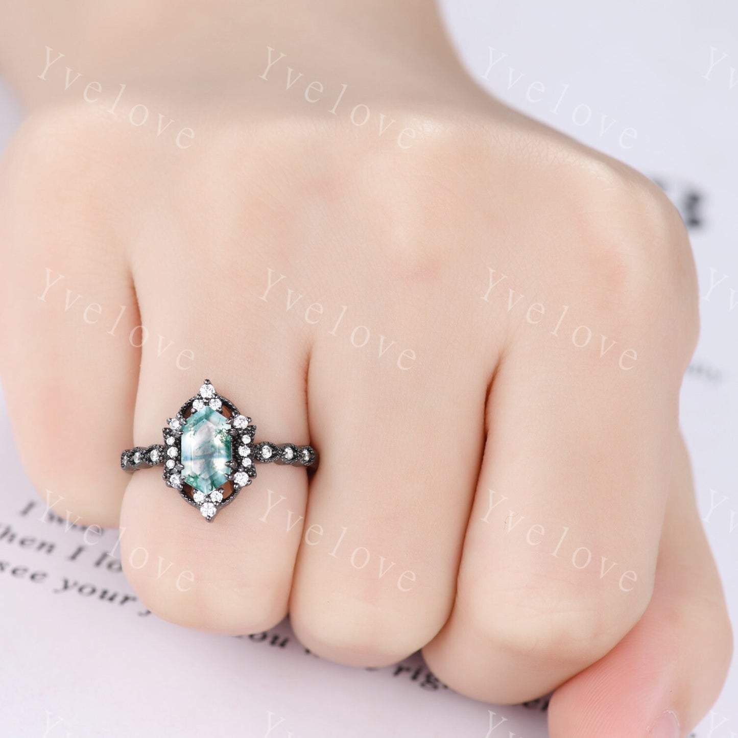 Retro Hexagon Shaped Moss Agate Engagement Ring Black Silver Antique Moissanite Stacking Matching Wedding Band Promise Ring Gift For Women