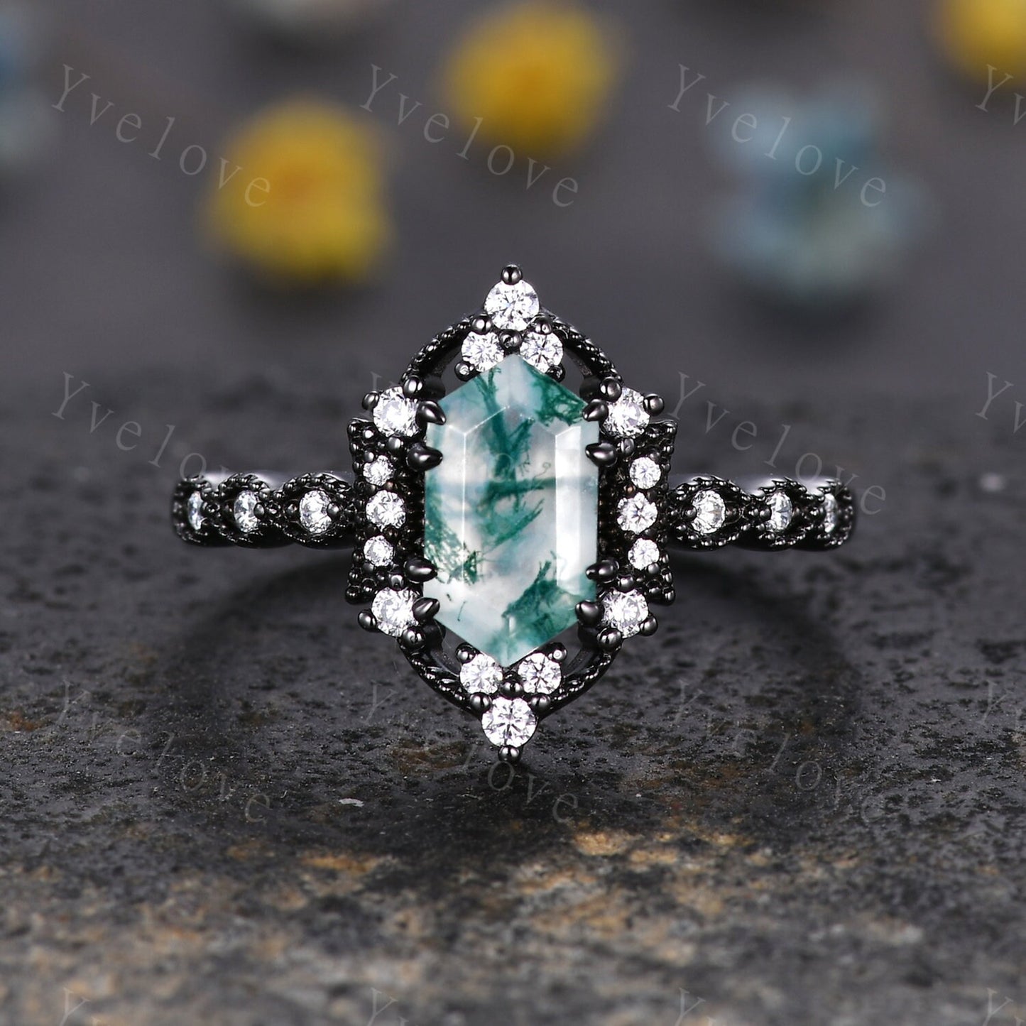 Retro Hexagon Shaped Moss Agate Engagement Ring Black Silver Antique Moissanite Stacking Matching Wedding Band Promise Ring Gift For Women