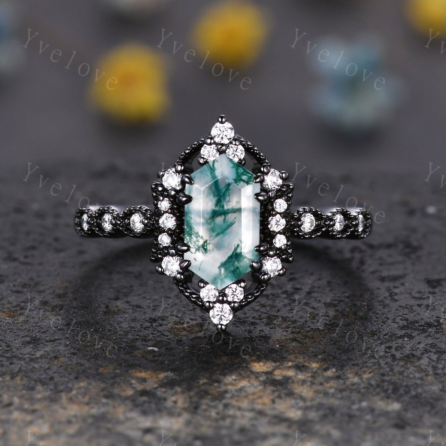 Retro Hexagon Shaped Moss Agate Engagement Ring Set Black Gold Antique V Curved Moissanite Stack Matching Wedding Band Bridal Set For Women