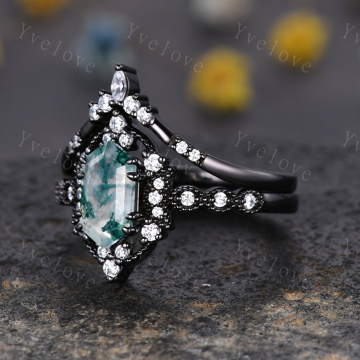 Retro Hexagon Shaped Moss Agate Engagement Ring Set Black Gold Antique V Curved Moissanite Stack Matching Wedding Band Bridal Set For Women