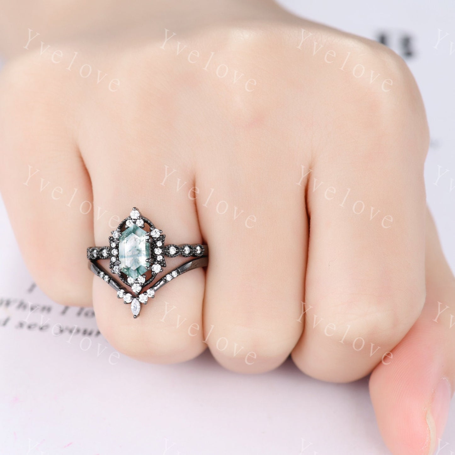 Retro Hexagon Shaped Moss Agate Engagement Ring Black Silver Antique Moissanite Stacking Matching Wedding Band Promise Ring Gift For Women