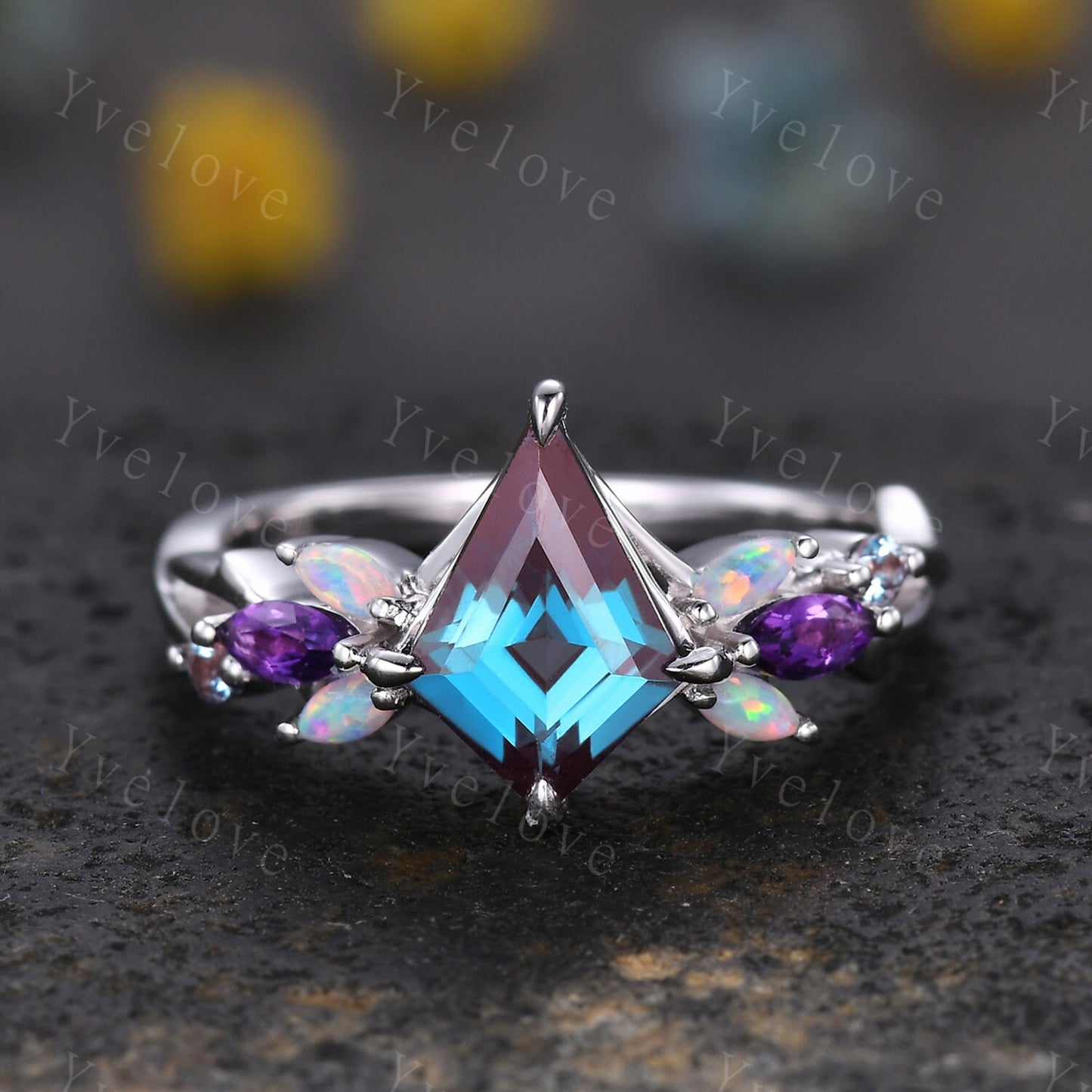 Vintage Kite Alexandrite Engagement Ring,Solid Gold,Vines Amethyst Opal Ring,Unique Matching Band Promise Bridal Stacking Ring Gift for her