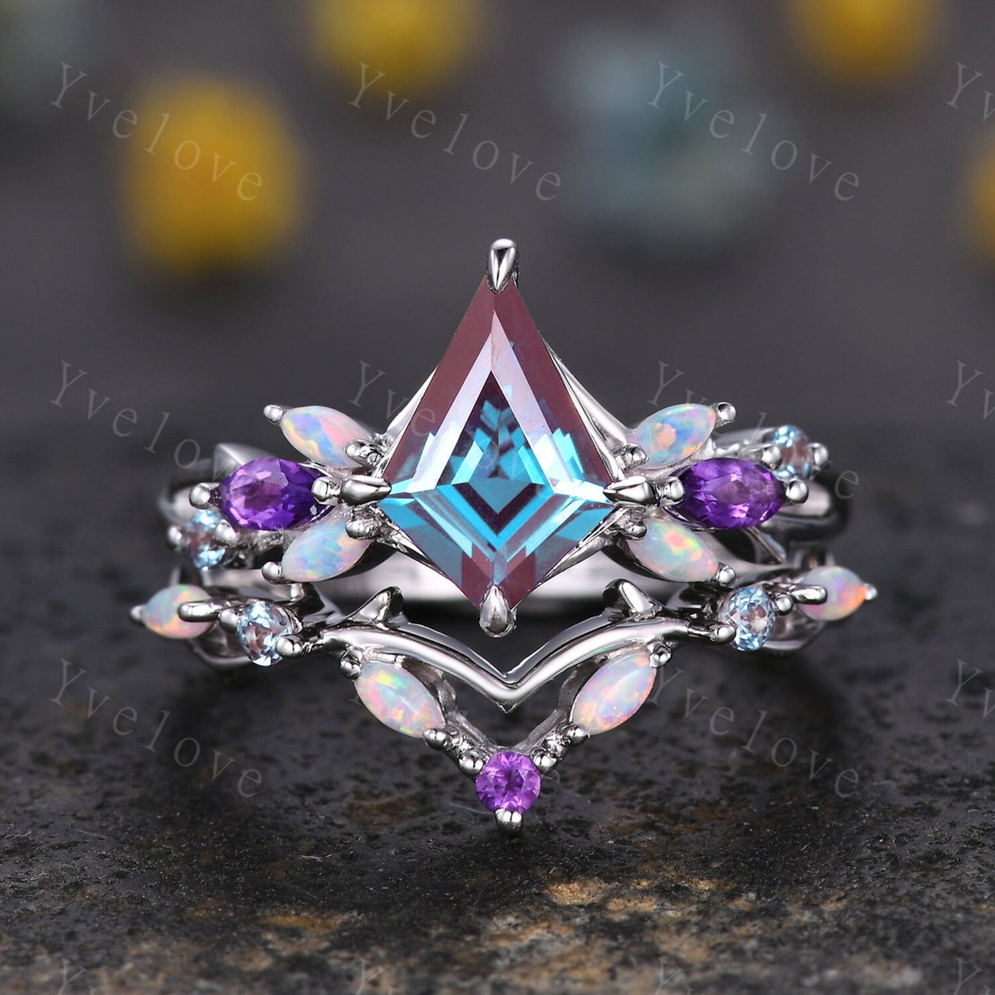 Vintage Kite Alexandrite Engagement Ring,Solid Gold,Vines Amethyst Opal Ring,Unique Matching Band Promise Bridal Stacking Ring Gift for her