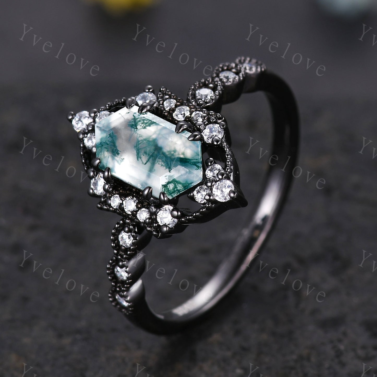 Retro Hexagon Shaped Moss Agate Engagement Ring Black Silver Antique Moissanite Stacking Matching Wedding Band Promise Ring Gift For Women