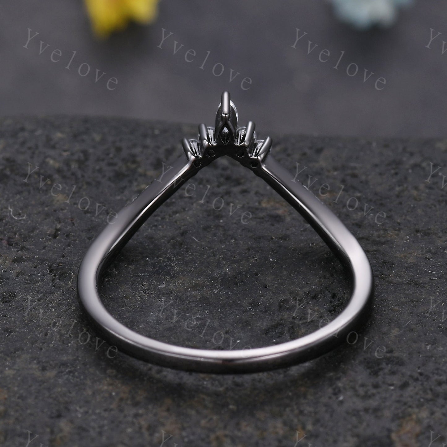 Dainty Moissanite wedding band Art Deco V Curved Diamond wedding band Stacking Matching Band Bridal Promise Anniversary Gift Black Gold Ring