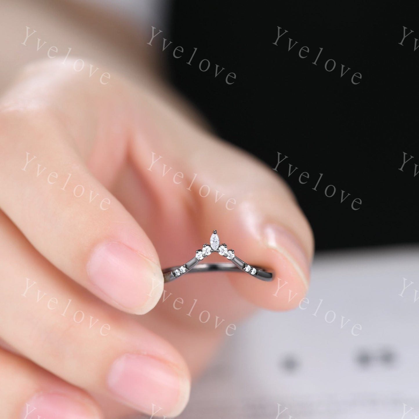 Dainty Moissanite wedding band Art Deco V Curved Diamond wedding band Stacking Matching Band Bridal Promise Anniversary Gift Black Gold Ring