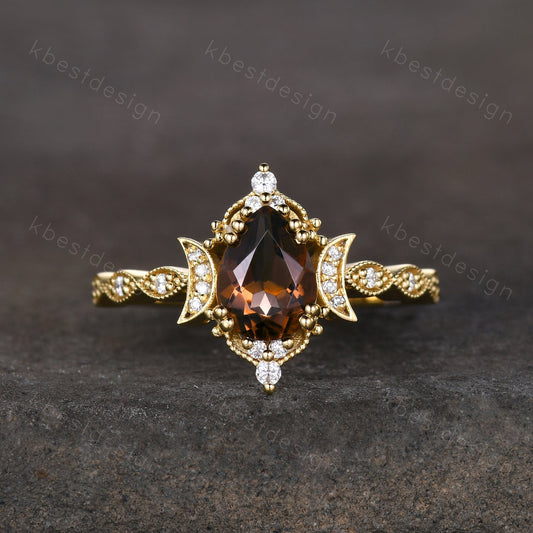 Vintage Smoky Quartz Engagement Ring Yellow Gold Pear cut Brown Quartz Ring Unique Moon Goddess Ring Art Deco Moissanite Bridal Promise Ring