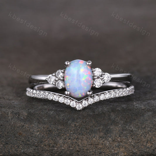 Dainty opal engagement ring set oval cut white fire opal bridal ring set curve stacking band opal jewelry unique moissanite wedding ring set