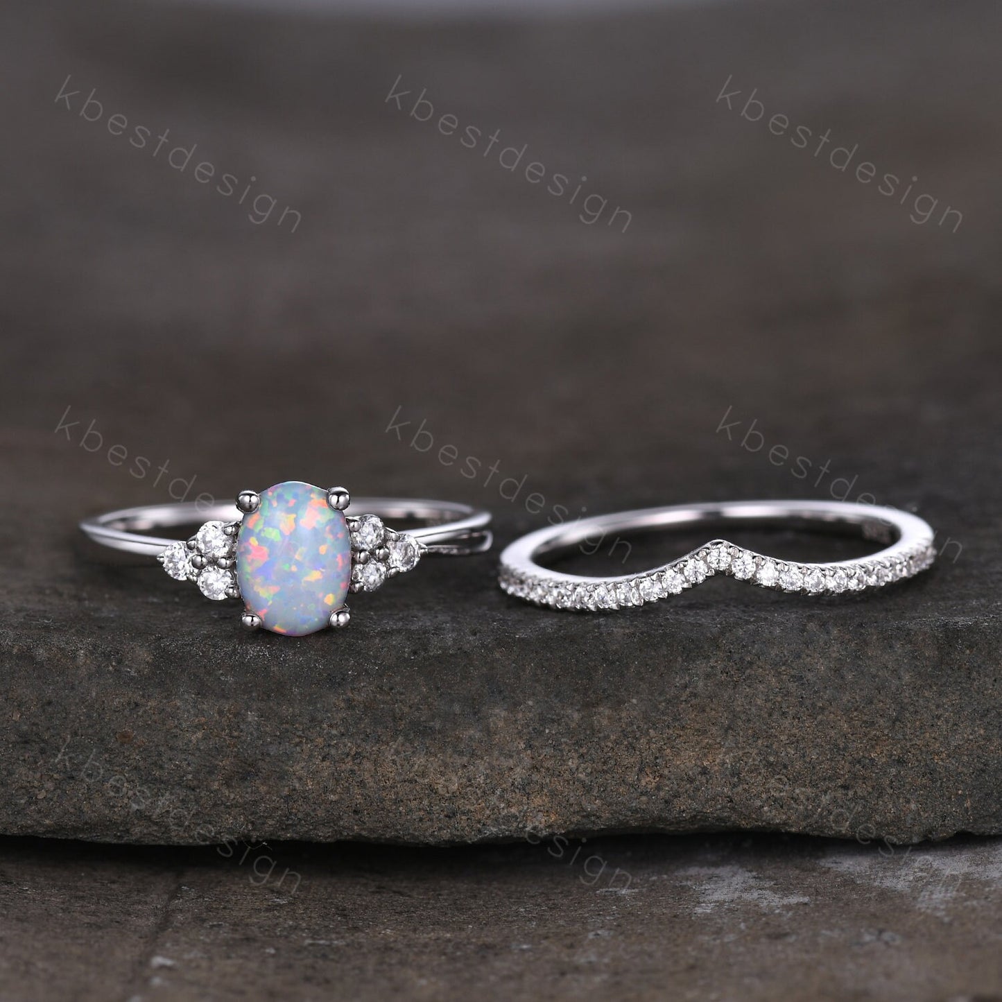 Dainty opal engagement ring set oval cut white fire opal bridal ring set curve stacking band opal jewelry unique moissanite wedding ring set