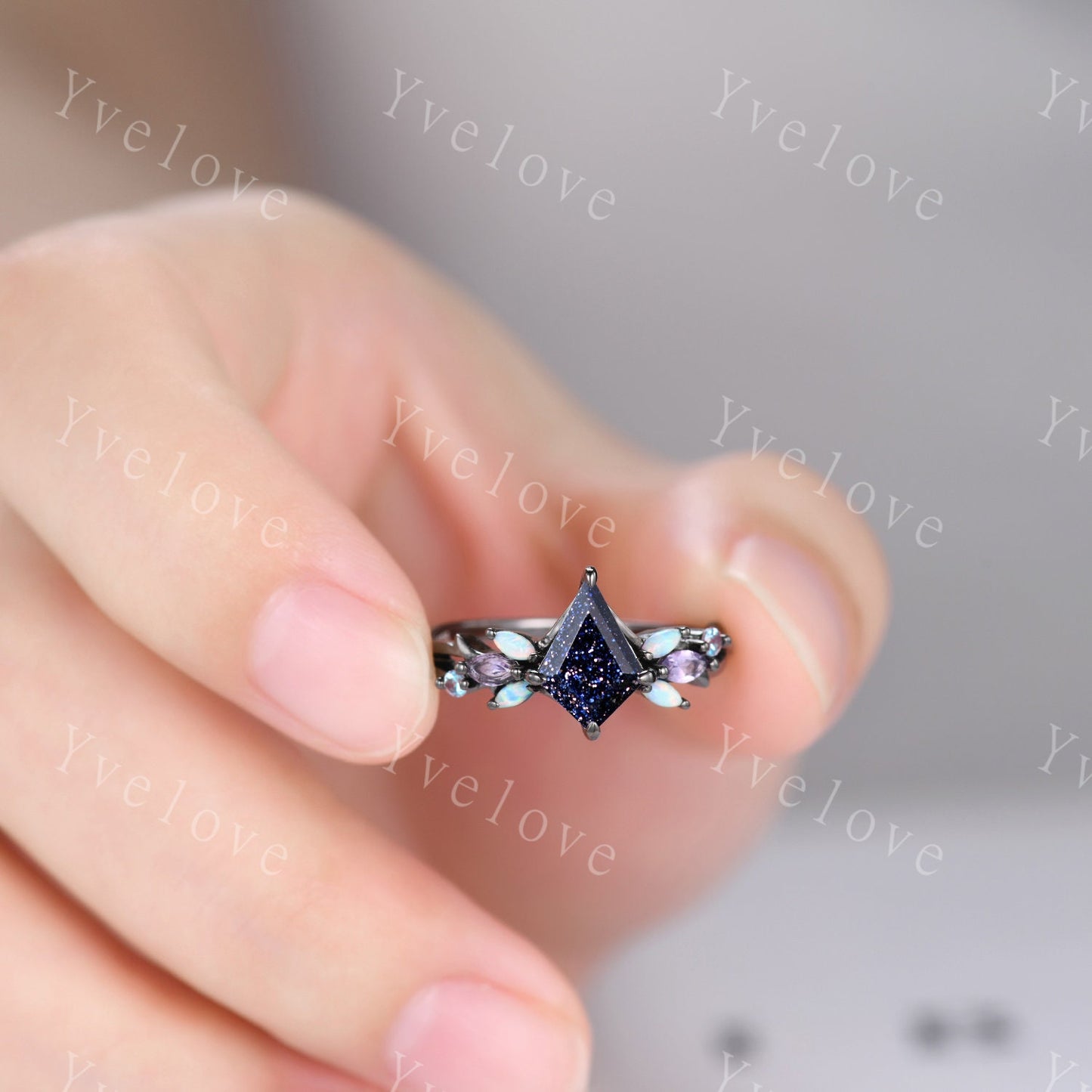 Vintage Kite Blue Sandstone Engagement Ring,Silver Black,Vines Amethyst Opal Ring,Women Bridal Set,Unique Twig Anniversary Promise Ring Gift