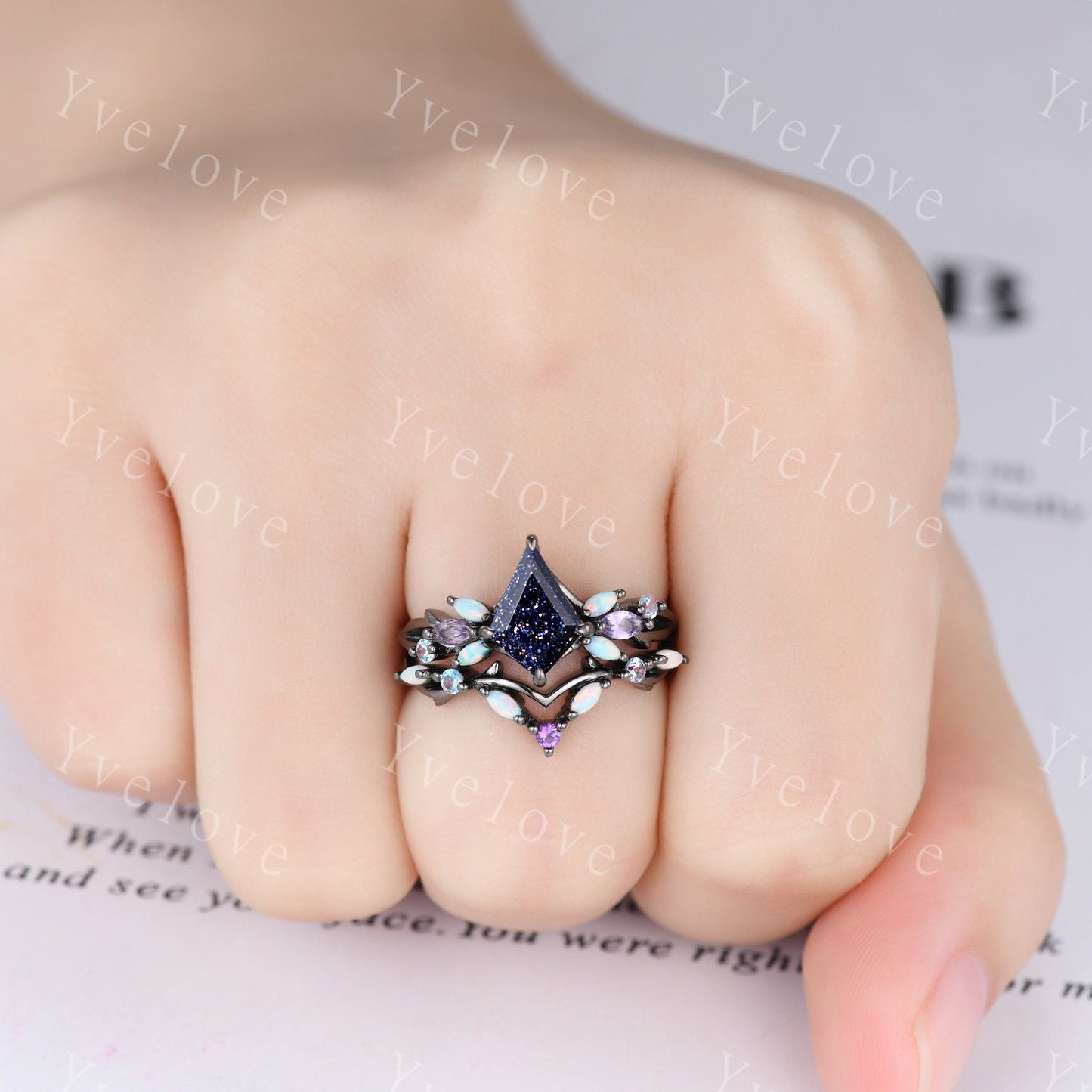 Vintage Kite Sandstone Engagement Ring Set,Black Gold,Vines Amethyst Opal Ring,Women Bridal Set,Unique Twig Anniversary Promise Ring Gift