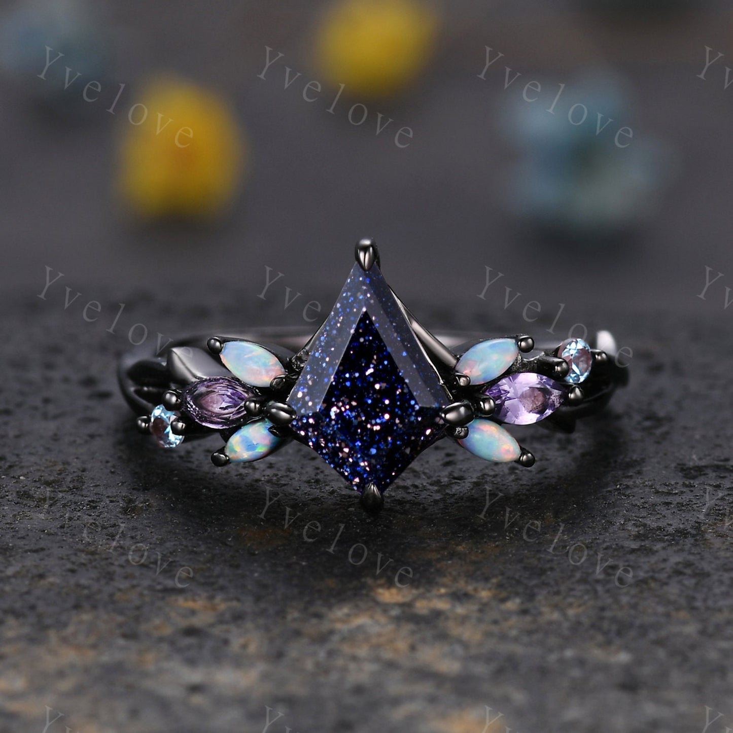 3PCS Vintage Kite Sandstone Engagement Ring Set,Black Gold,Vines Amethyst Opal Ring,Women Bridal Set,Unique Twig Anniversary Promise Gift