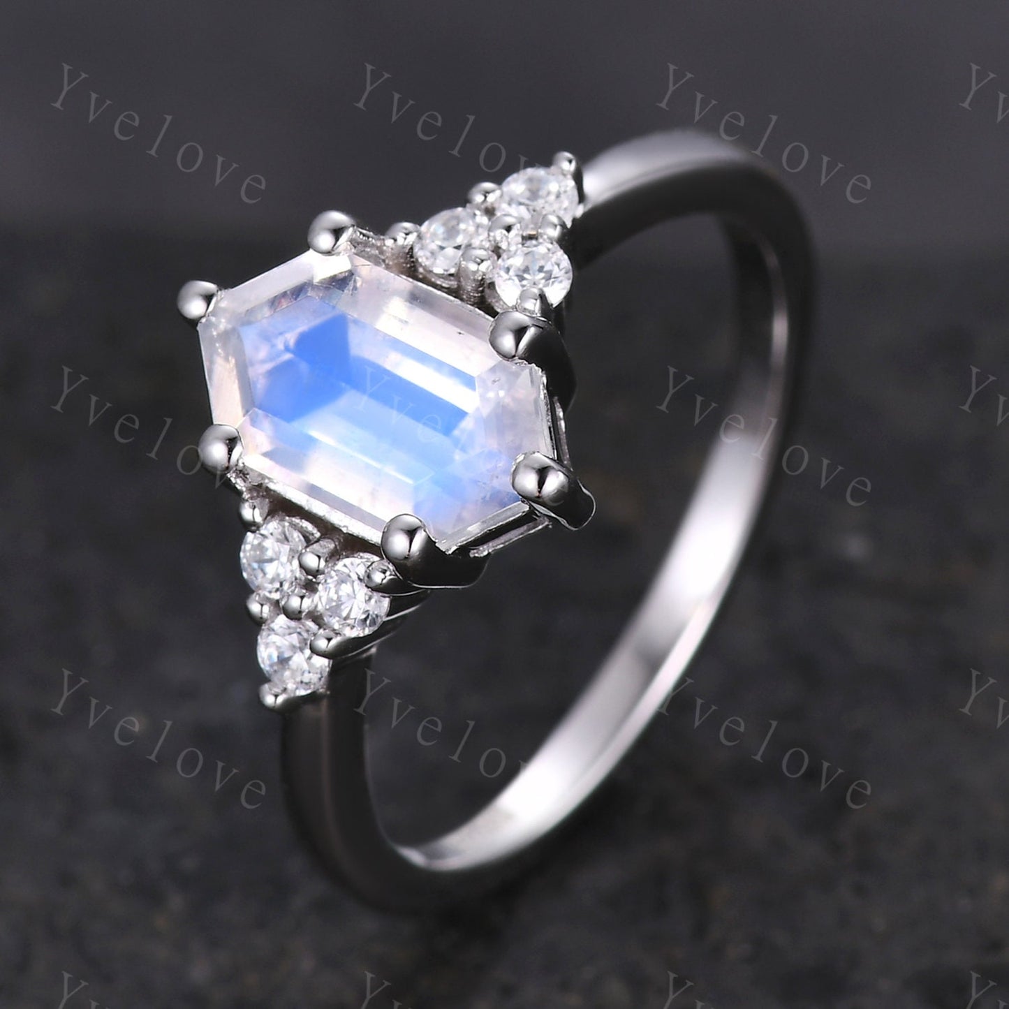 Retro Long hexagon Moonstone Ring,Vintage Sterling Silver Ring Set,Unique Engagement Ring Set,Enhancer Ring,Anniversary Ring Gift For Her