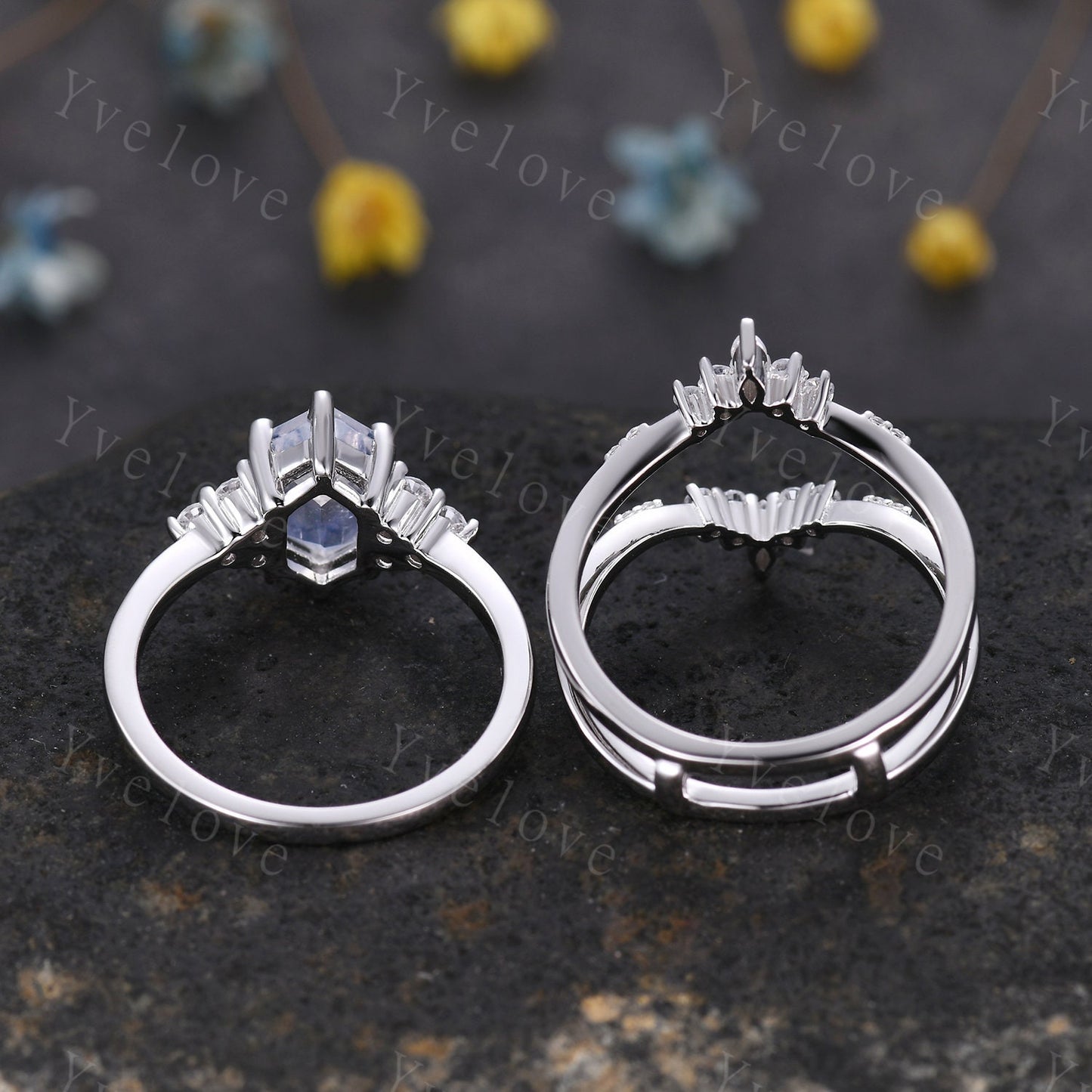 Retro Long hexagon Moonstone Ring,Vintage Sterling Silver Ring Set,Unique Engagement Ring Set,Enhancer Ring,Anniversary Ring Gift For Her