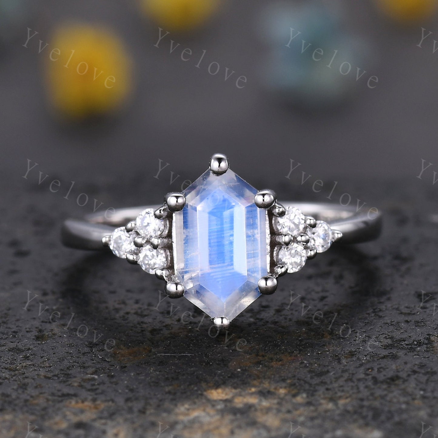 Retro Long hexagon Moonstone Ring,Vintage Sterling Silver Ring Set,Unique Engagement Ring Set,Enhancer Ring,Anniversary Ring Gift For Her