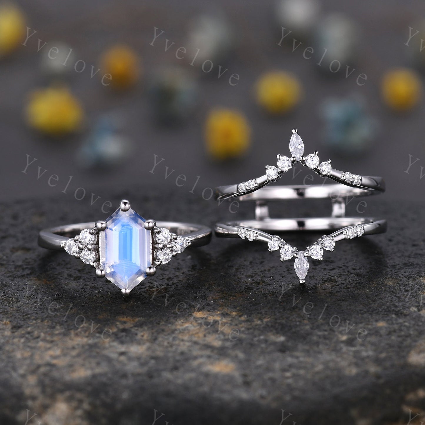 Retro Long hexagon Moonstone Ring,Vintage Sterling Silver Ring Set,Unique Engagement Ring Set,Enhancer Ring,Anniversary Ring Gift For Her