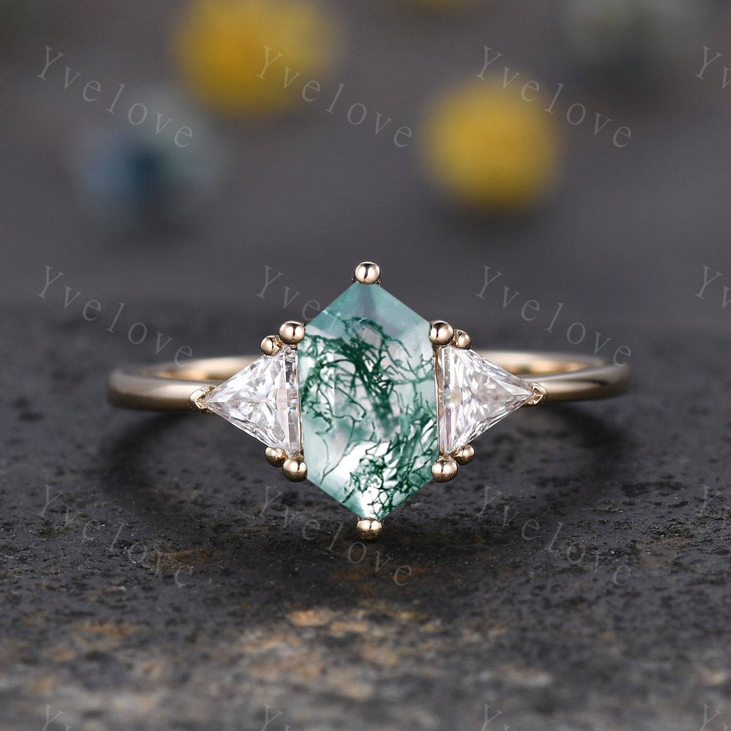 Retro hexagon cut Moss Agate Ring,Vintage Moissanite Gold Ring,Unique Engagement Ring Set,Baguette Aquamarine Promise Ring,Bridal Ring Gift