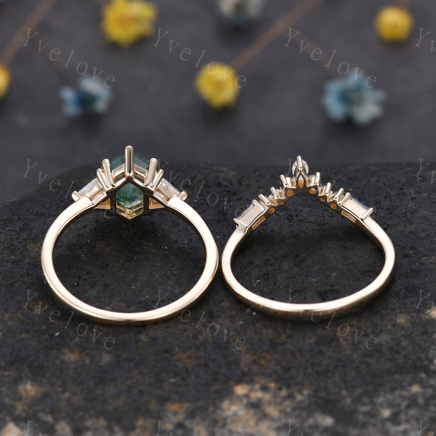 Retro hexagon cut Moss Agate Ring,Vintage Moissanite Gold Ring,Unique Engagement Ring Set,Baguette Aquamarine Promise Ring,Bridal Ring Gift