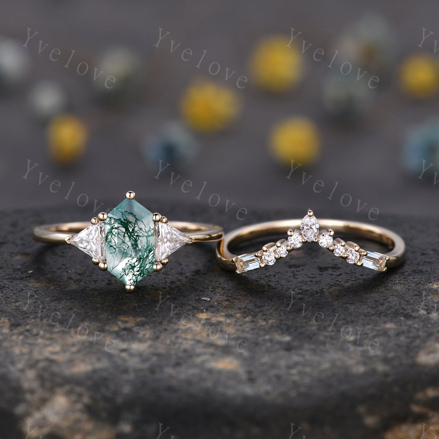 Retro hexagon cut Moss Agate Ring,Vintage Moissanite Gold Ring,Unique Engagement Ring Set,Baguette Aquamarine Promise Ring,Bridal Ring Gift