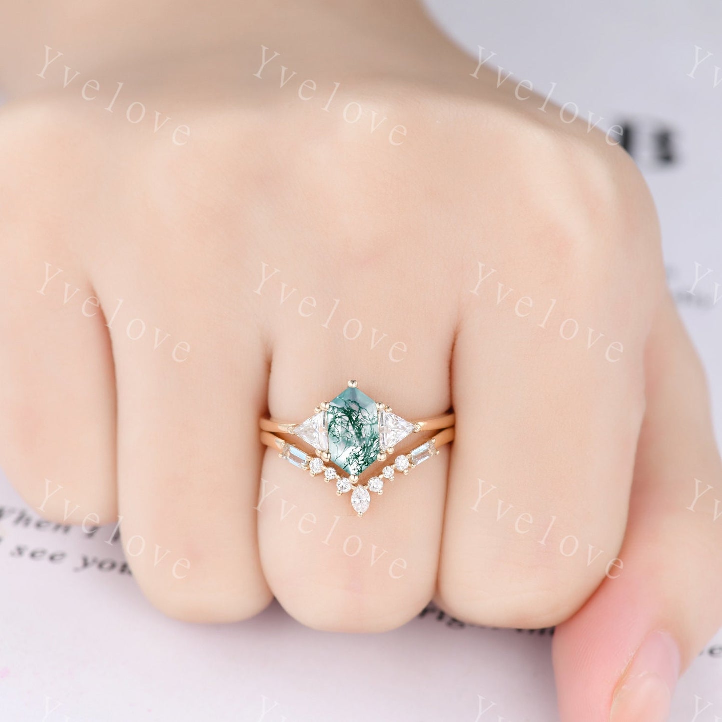 Retro hexagon cut Moss Agate Ring,Vintage Gold Ring,Triangle Moissanite Jewelry,Unique Engagement Ring,Promise Ring,Bridal Ring Gift For Her
