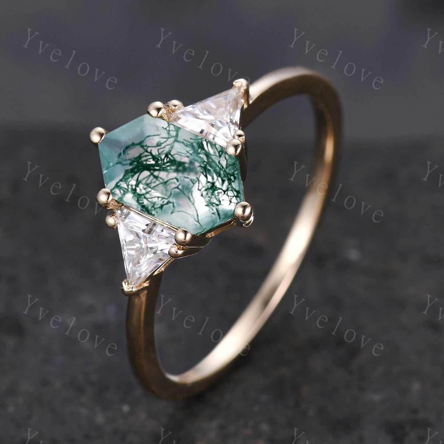 Retro hexagon cut Moss Agate Ring,Vintage Gold Ring,Triangle Moissanite Jewelry,Unique Engagement Ring,Promise Ring,Bridal Ring Gift For Her