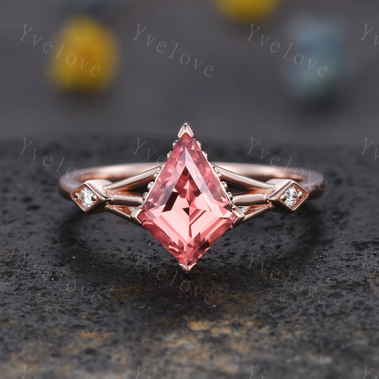 Art Deco Padparadscha Sapphire Ring,Vintage Bridal Ring,Unique Kite Shaped Sapphire Engagement Ring Promise Ring,Anniversary Gift For Her