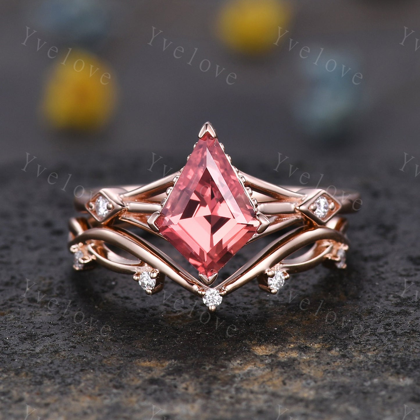 Art Deco Padparadscha Sapphire Ring,Vintage Bridal Ring,Unique Kite Shaped Sapphire Engagement Ring Promise Ring,Anniversary Gift For Her