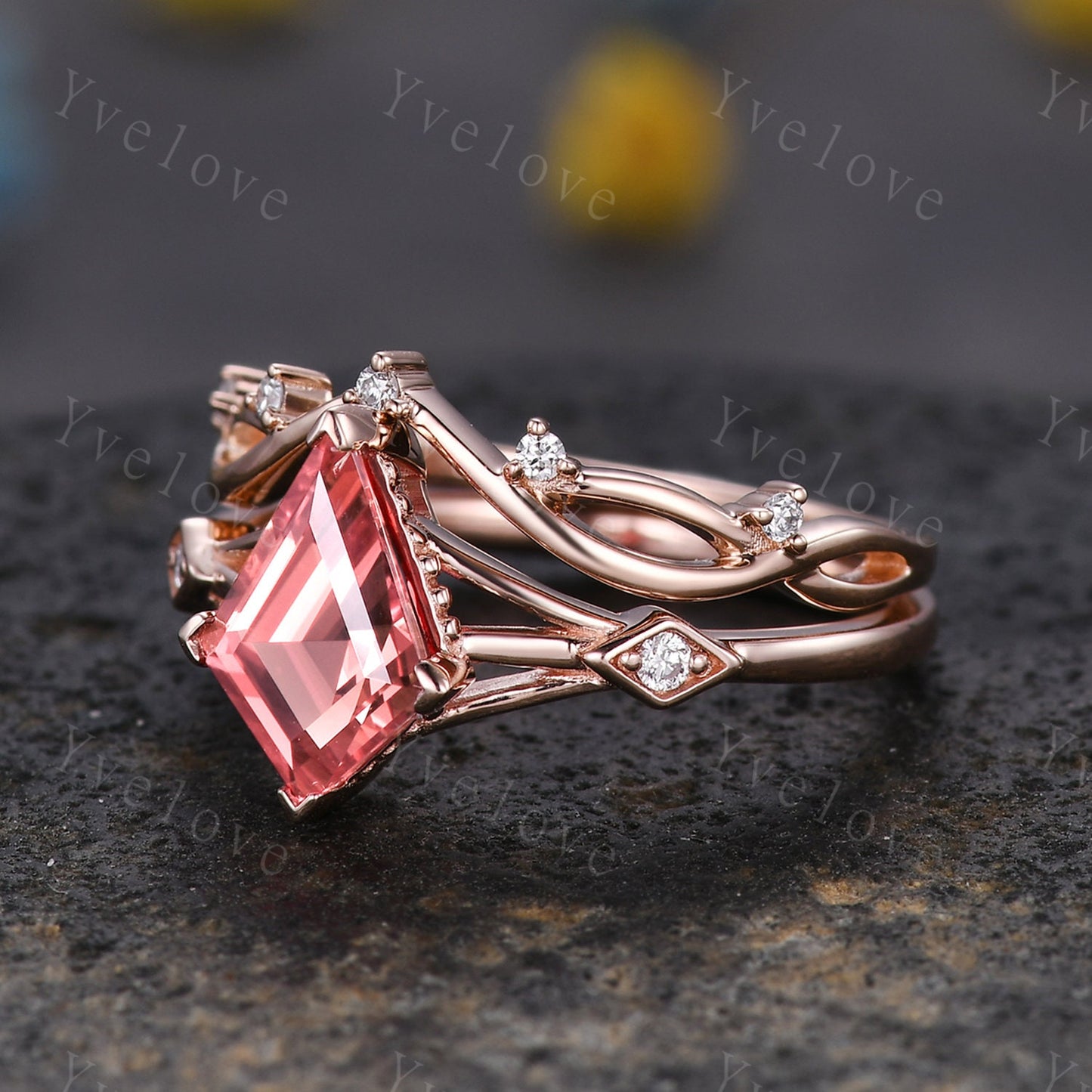 Art Deco Padparadscha Sapphire Ring,Vintage Bridal Set,Unique Kite Shaped Sapphire Engagement Ring Promise Ring,Anniversary Gift For Her