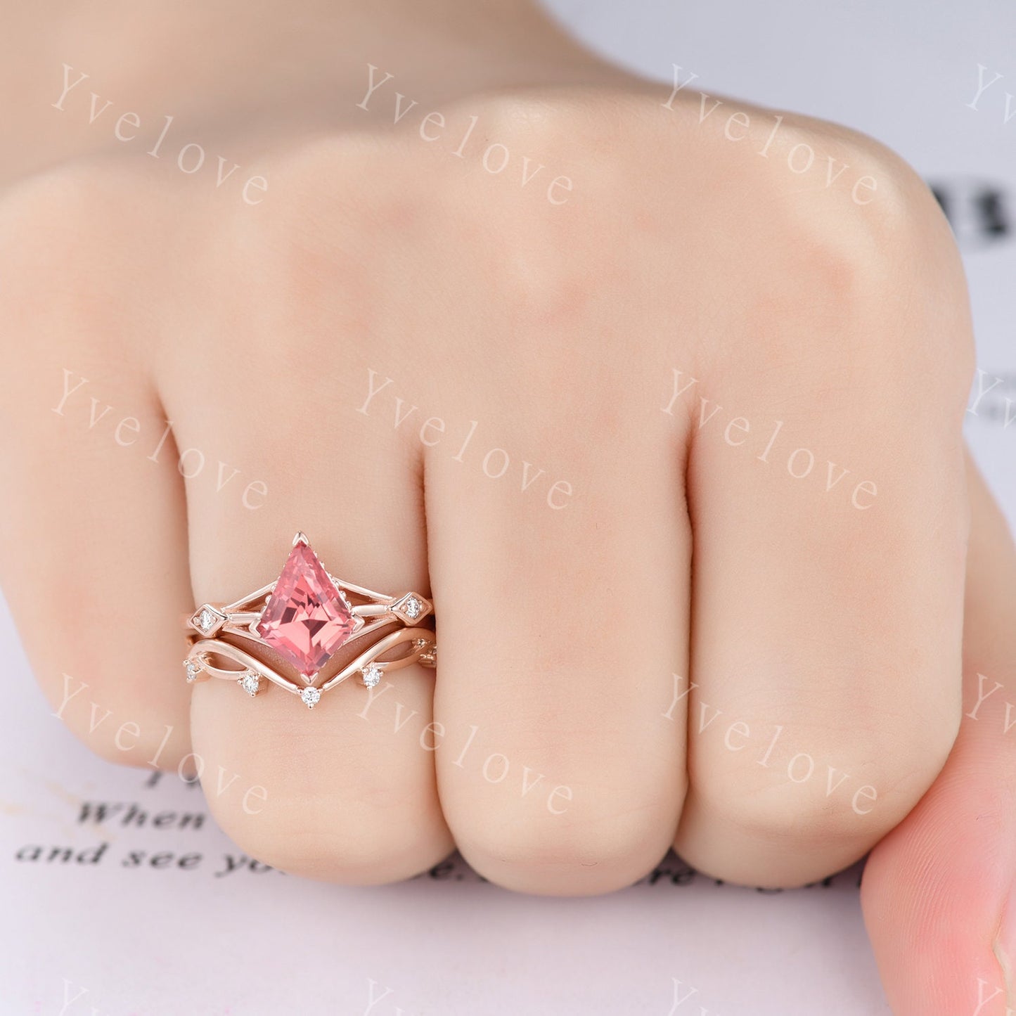Art Deco Padparadscha Sapphire Ring,Vintage Bridal Set,Unique Kite Shaped Sapphire Engagement Ring Promise Ring,Anniversary Gift For Her