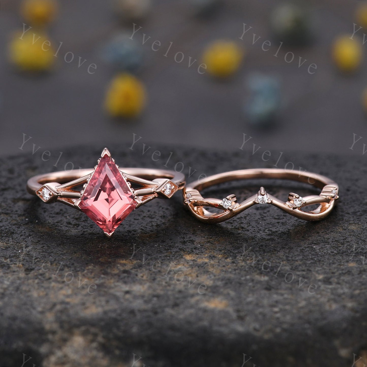 Art Deco Padparadscha Sapphire Ring,Vintage Bridal Set,Unique Kite Shaped Sapphire Engagement Ring Promise Ring,Anniversary Gift For Her