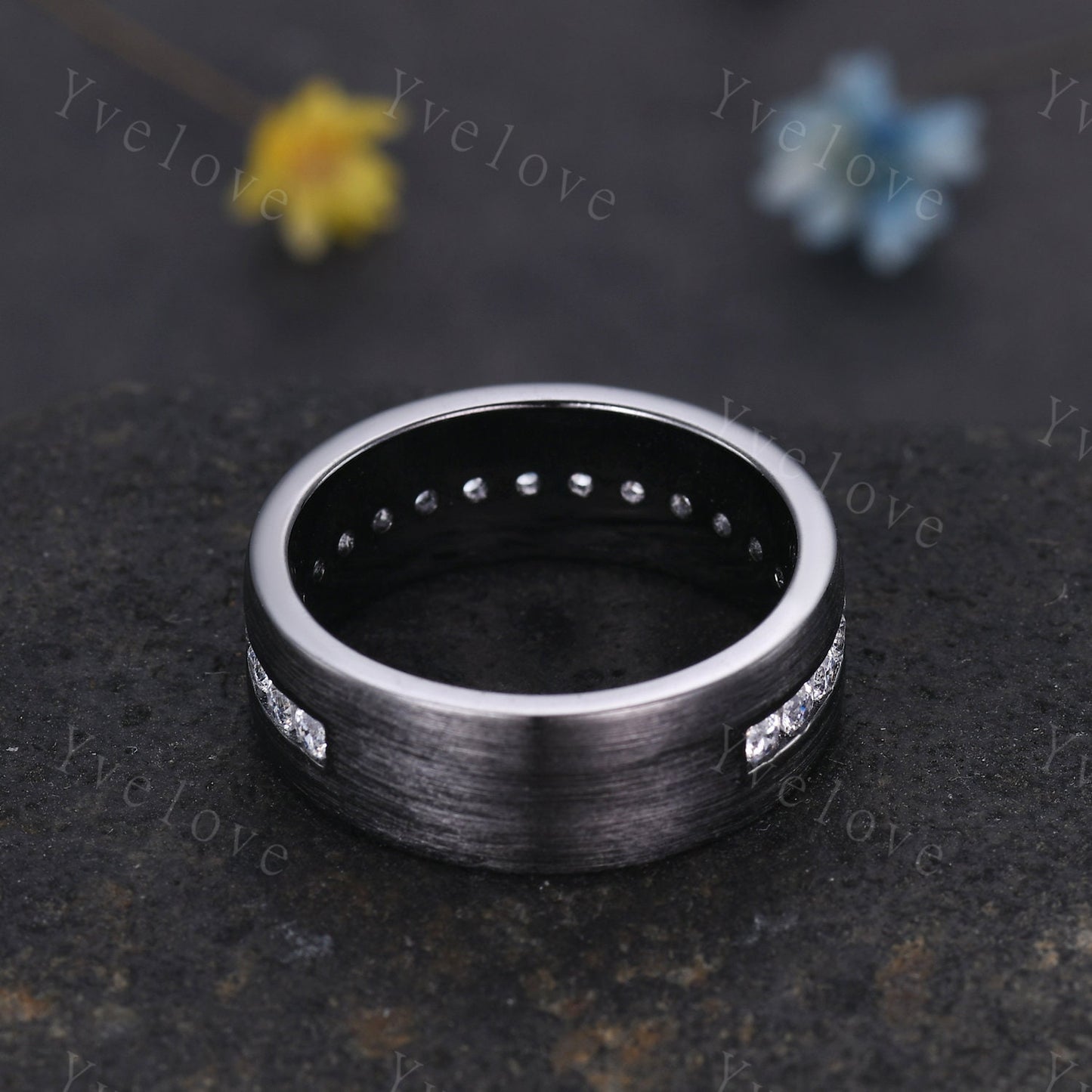 Mens Diamond Wedding Ring Moissanite Black Gold Ring Brushed Band 3/4 Eternity Band Mens Stacking Matching Band Retro Vintage Ring For Him